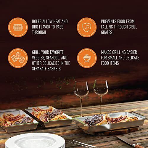 Bbq 'n Serve Grill Basket Set Includes 3 Grilling Baskets A Serving Tray & Clipo