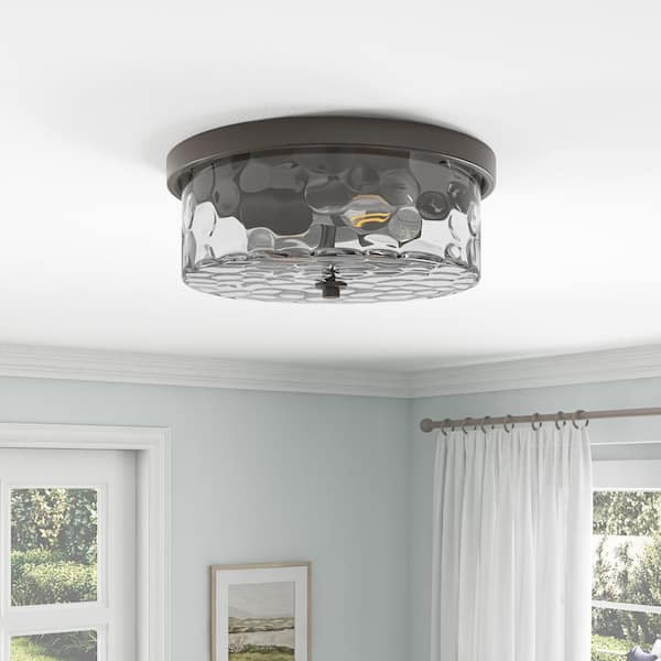 13 in. 2-Light Farmhouse Oil Rubbed Bronze Drum Flush Mount Ceiling Light Fixture with Water Ripple Glass Shade