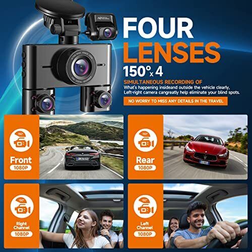 V7 360° Dash Cam, 4 Channel Quad Camera FHD 1080P*4 Front, Left, Right, and R...