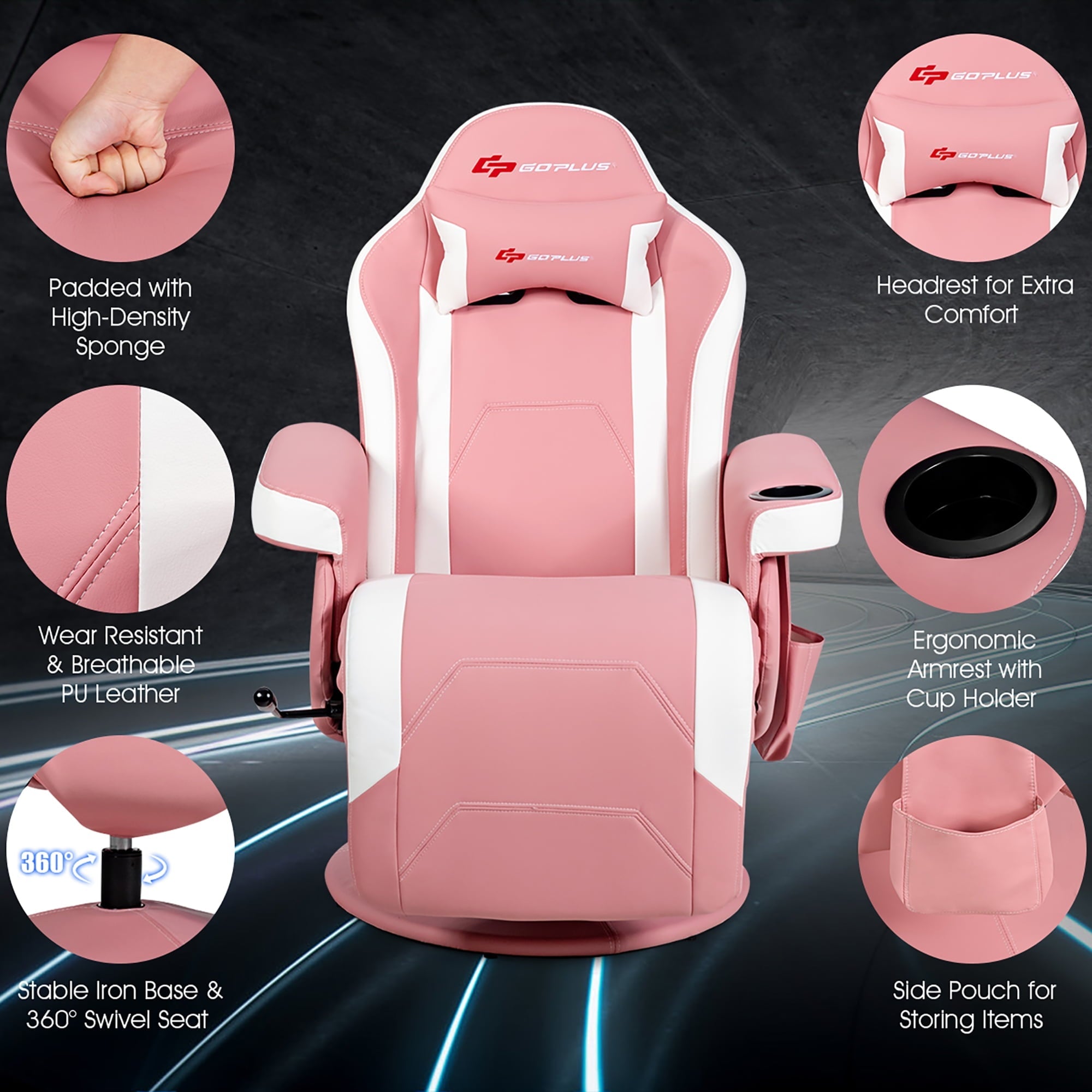 Goplus Massage Gaming Recliner Reclining Racing Chair Swivel w/Cup Holder & Pillow Pink