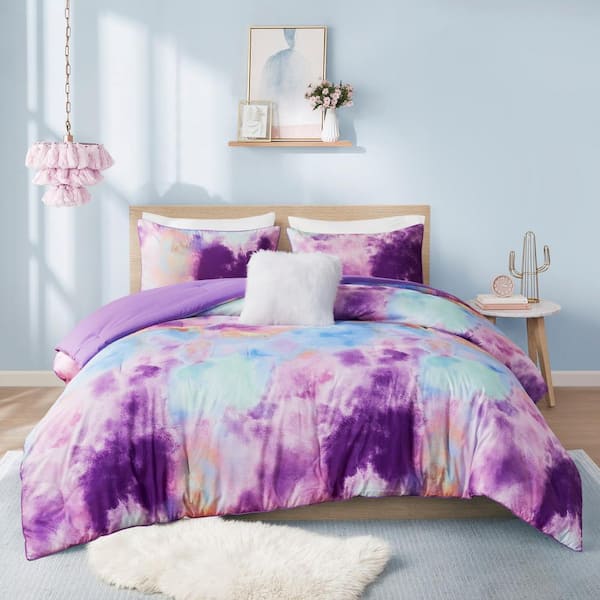 Karissa 4-Piece Lavender Full/Queen Watercolor Tie Dye Printed Polyester Comforter Set with Throw Pillow