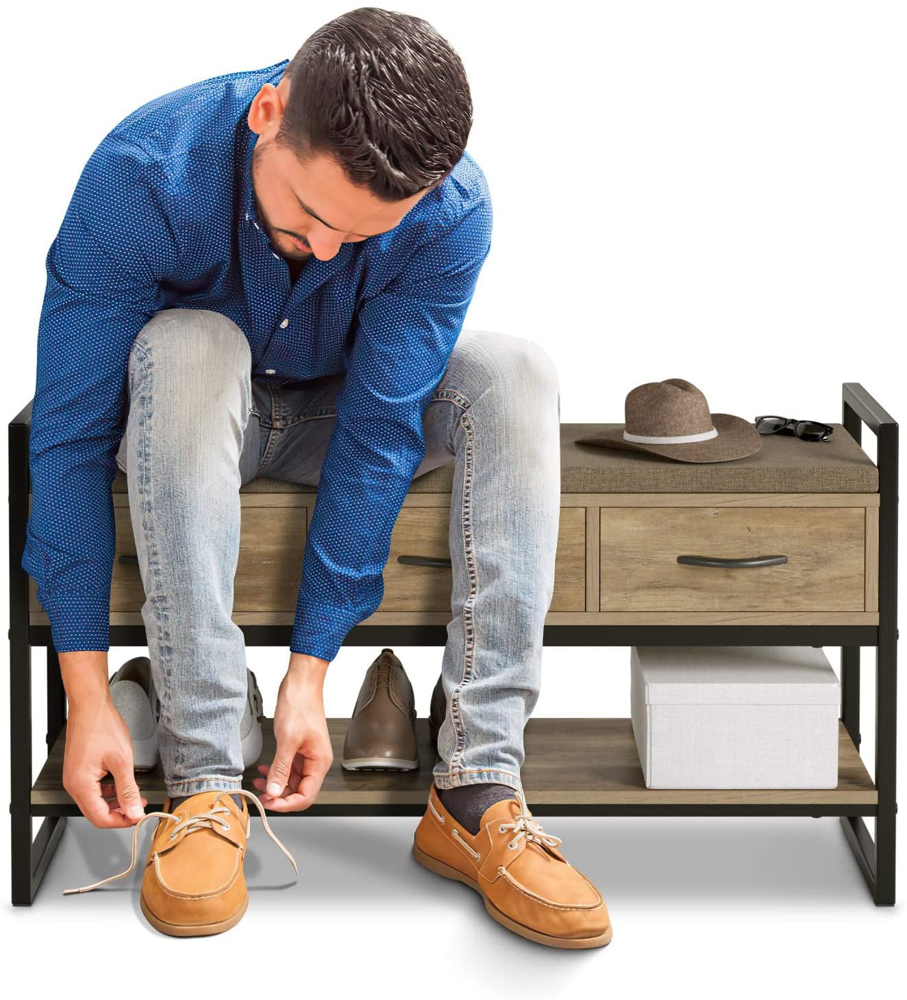 Homfa Entryway Shoe Bench, 2-tier Wood Entryway Shoes Rack with Padded Seat, 5-7 Pair of Shoes, Rustic Brown