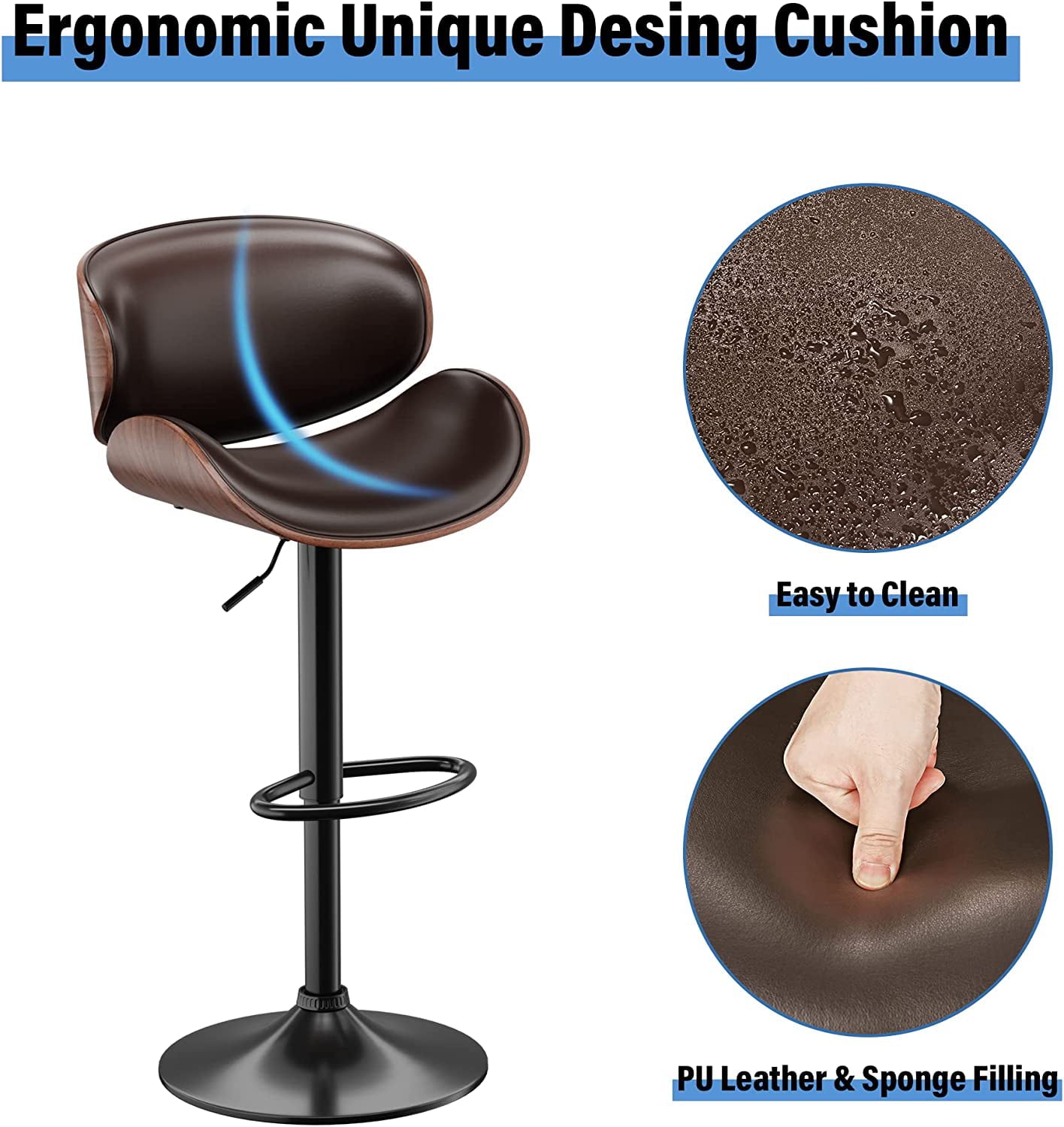 Aowos Bar Stools Adjustable Swivel Barstools Counter Stools with Back Sets of 2, Mid-Century Modern PU Leather Upholstered Counter Height Barstools, Kitchen Island Bar Chairs, Brown