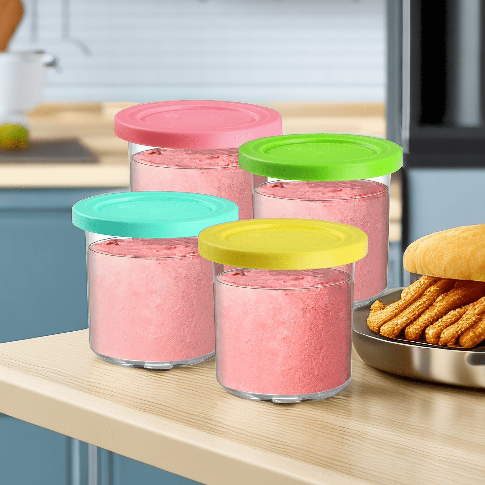 URRU Containers Replacement for Ninja Creami Pints and Lids - 4 Pack, 16oz Cups Compatible with NC301 NC300 NC299AMZ Series Ice Cream Maker - Dishwasher Safe, Leak Proof Lids