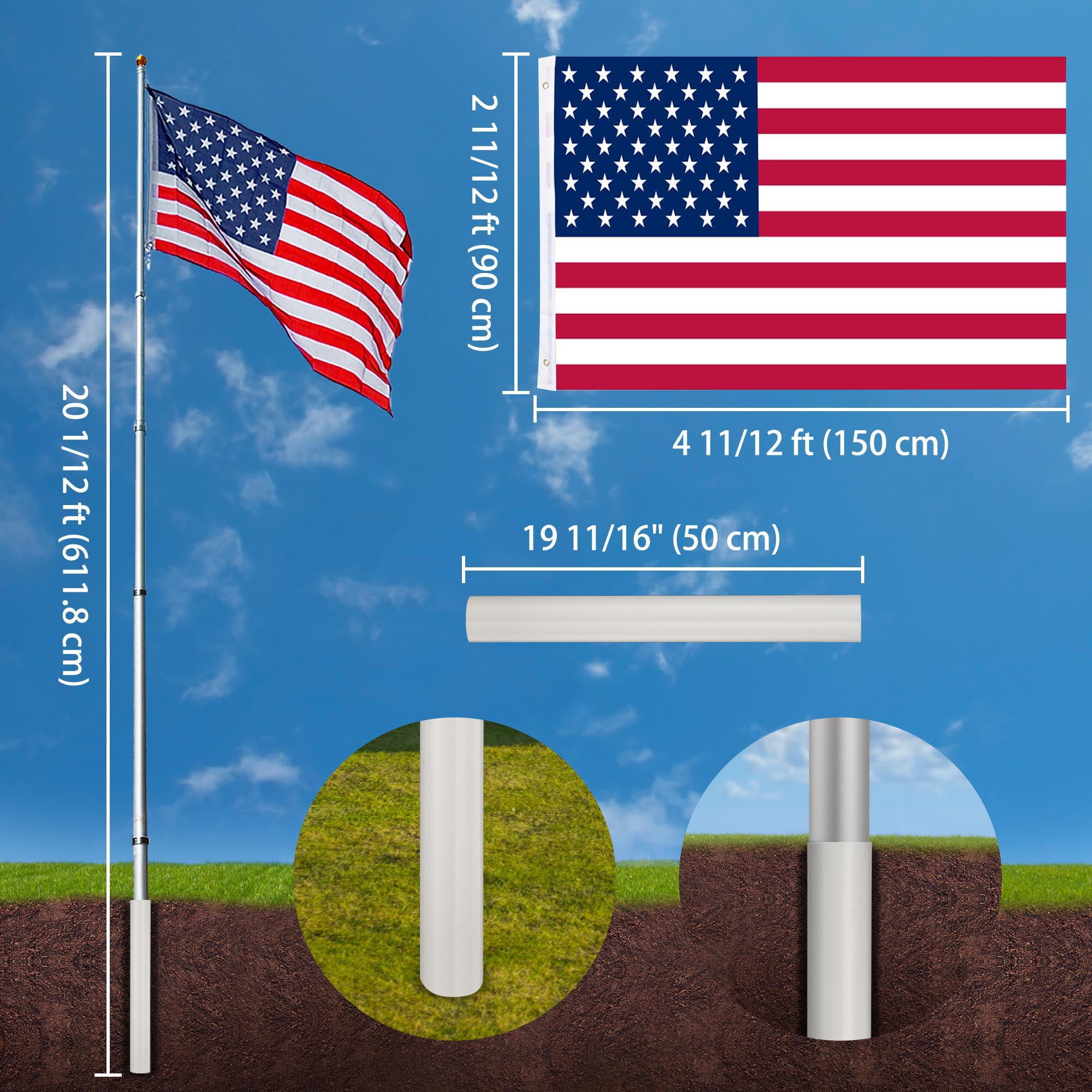 Yescom 20 Ft Telescopic Aluminum Flag Pole Free 3'x5' US Flag & Ball Top Kit 16 Gauge Telescoping Flagpole Fly 2 Flags