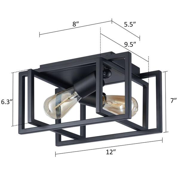 12 in. 2-Light Matte Black Open Geometric Frame Flush Mount