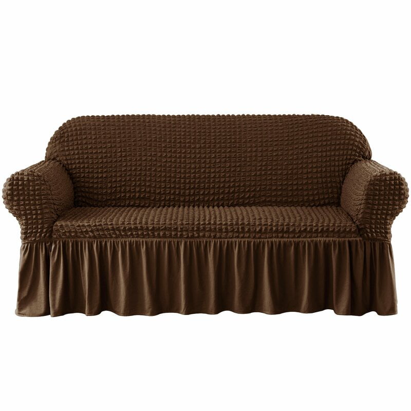Subrtex Stretch 1-Piece Pleated Ruffled Skirt Sofa Slipcover, Chocolate