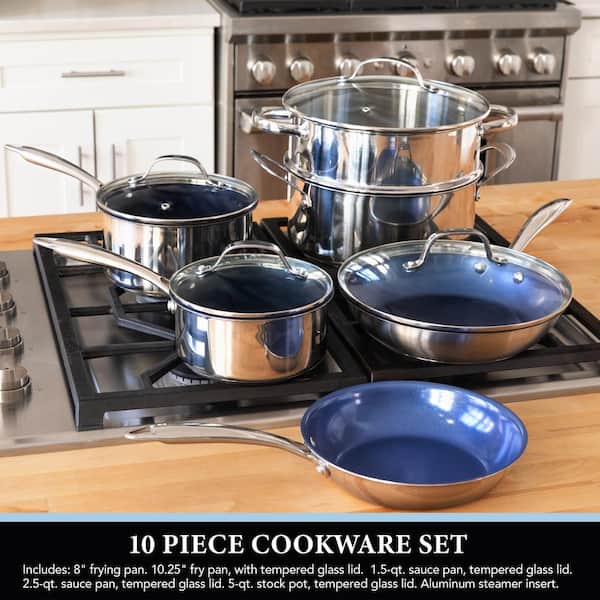 Classic Blue 10-Piece Stainless Steel Tri-Ply Nonstick Diamond Infused Coating Cookware Set