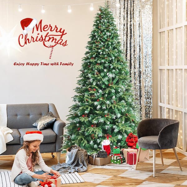 9 ft. Pre-Lit Snowy Artificial Christmas Tree Hinged Tree 11 Flash Modes with 780 Multi-Color Lights