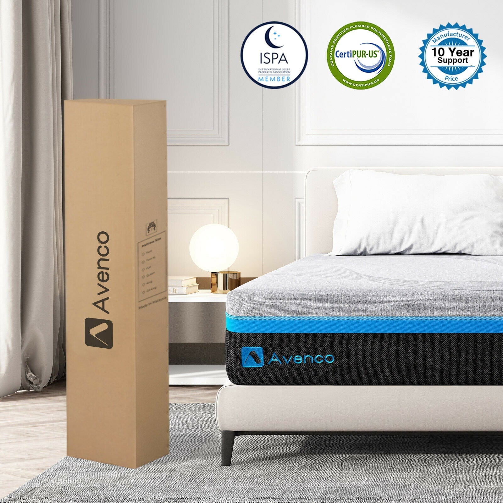 10 Inch Grey Queen Gel Memory Foam Mattress in a Box with Detachable Cover, Queen Size Mattress