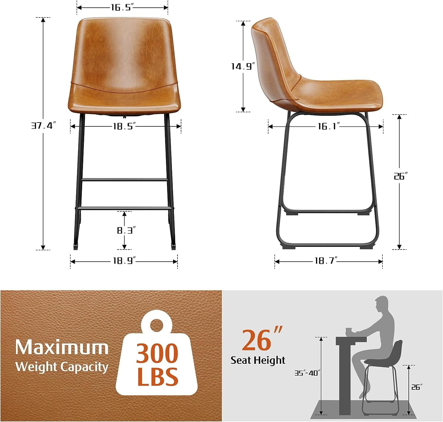 YaFiti Barstools 26'' PU Leather Counter Height Bar Stools Set of 4 with Back Modern Armless Chairs with Footrest and Metal Legs for Kitchen Living Room Pub, Brown