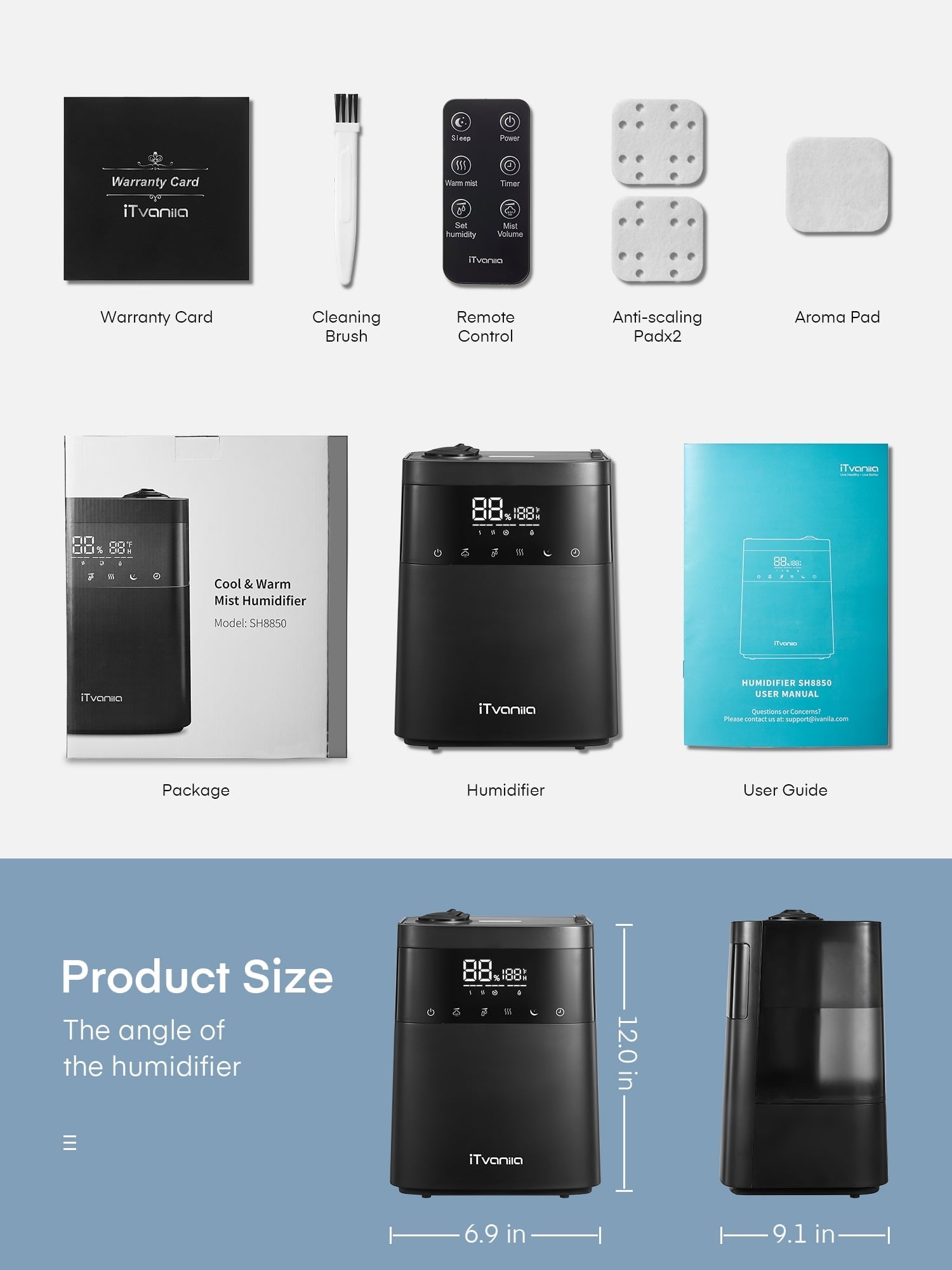 iTvanila Humidifiers, 5.5L Warm and Cool Mist Humidifier for Bedroom with Customized Humidity, Essential Tray, Sleep Mode, and 12H Timer, for Living Room, Office and Baby Room (Black)