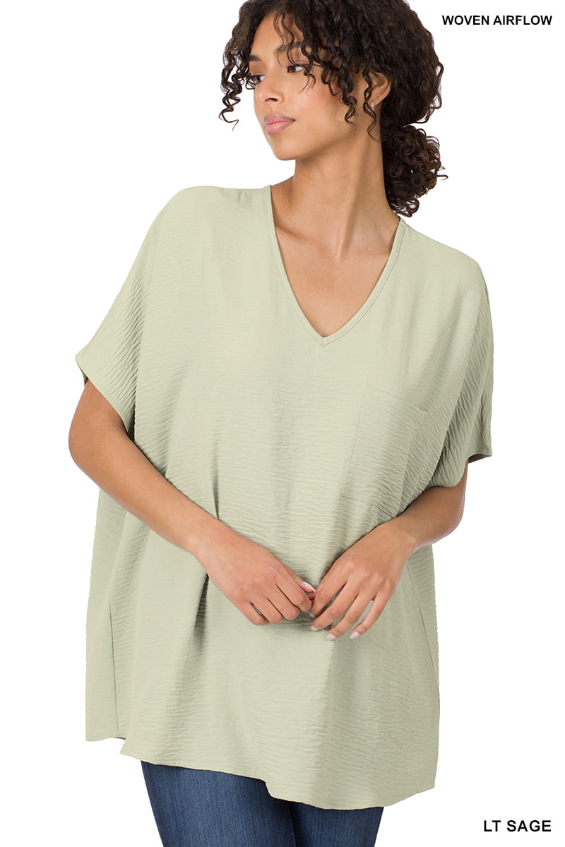 Zenana Women & Plus V Neck Woven Airflow Dolman Short Sleeve Blouse Top with Front Pocket