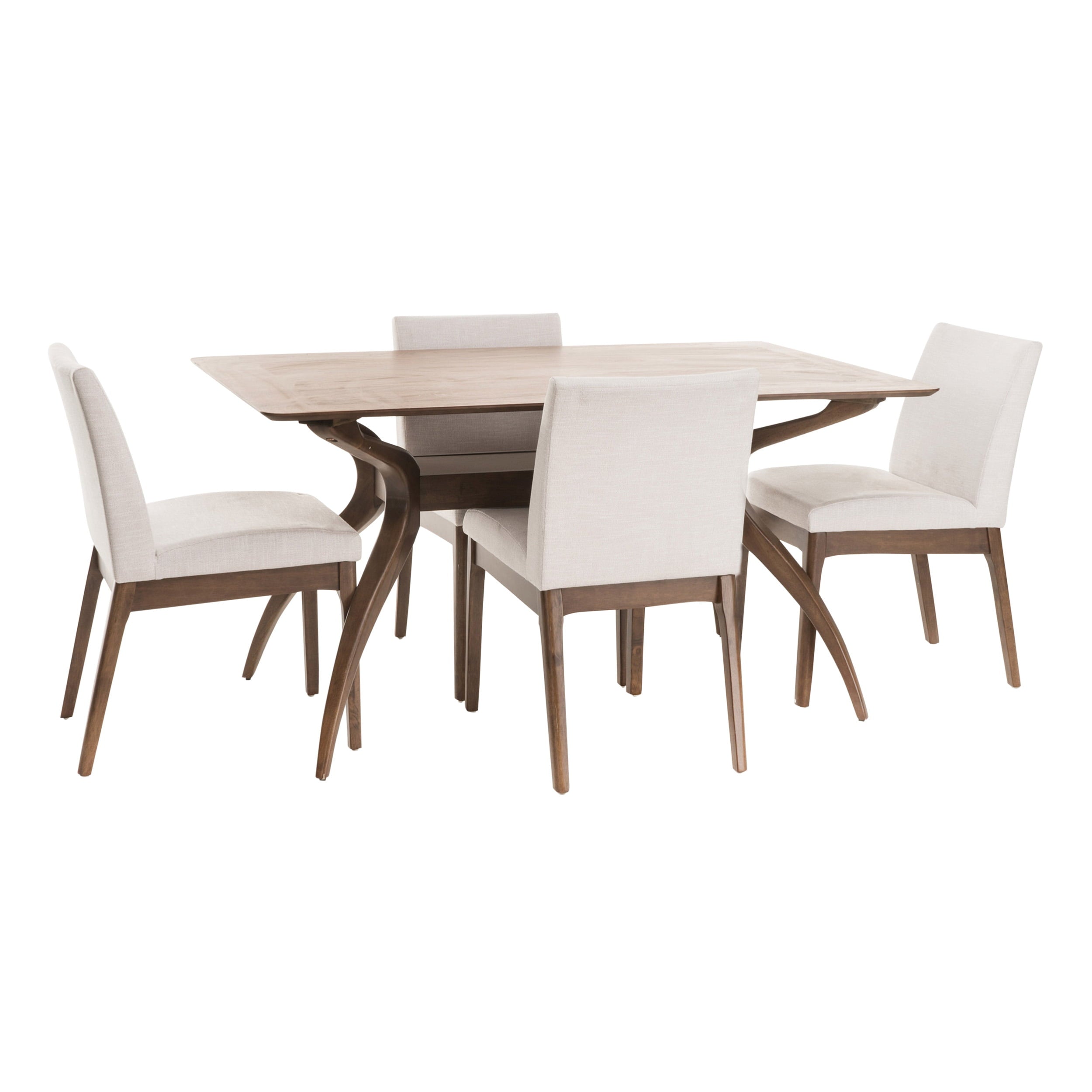 Noble House Caruso Mid-Century Modern 5 Piece Dining Set, Light Beige and Walnut