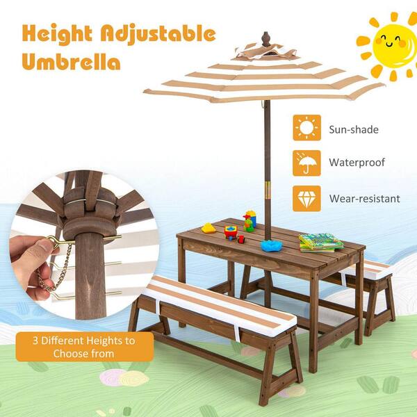 35 in. Brown Rectangle Fir Wood Kids Picnic Table and Chairs with Cushions and Height Adjustable Umbrella