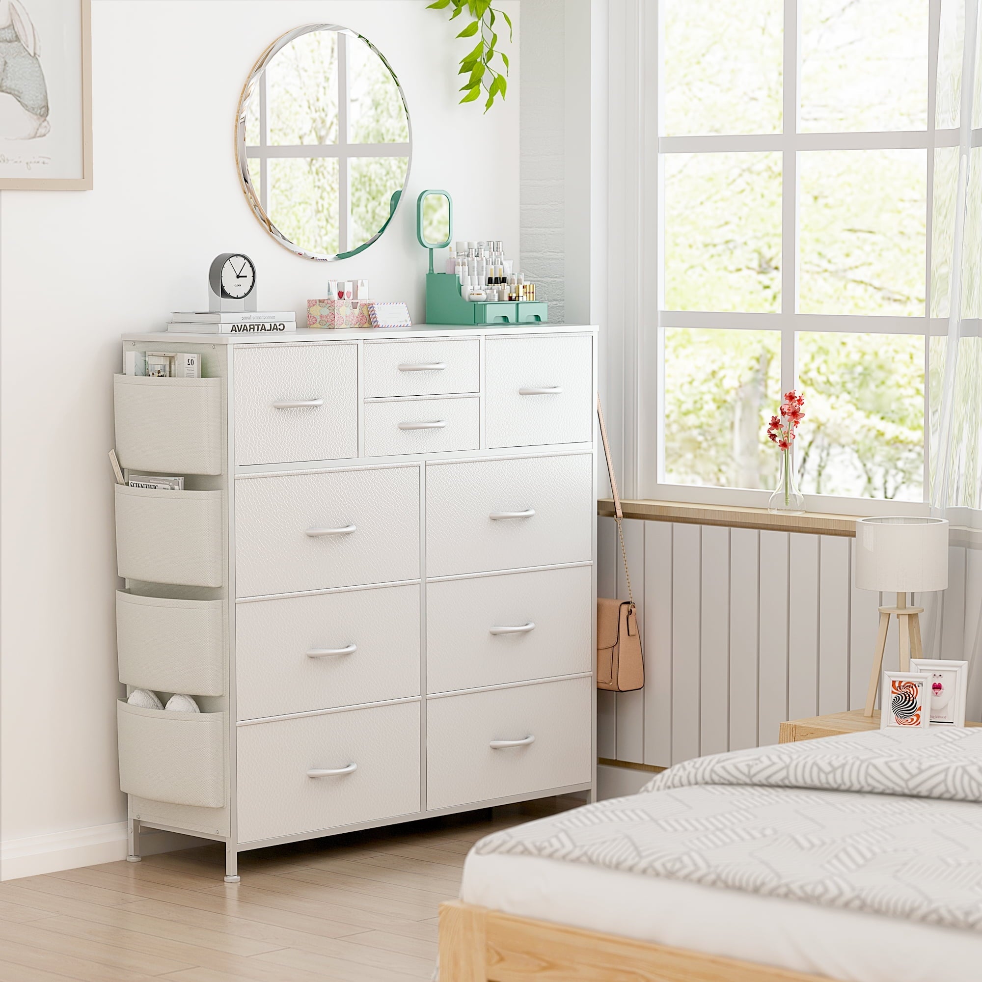 GIKPAL 10 Drawer Dresser, White Dresser Chest of Drawers Dressers for Bedroom Modern PU&Fabric Dresser Tall Dresser with Side Pockets and Hooks, White