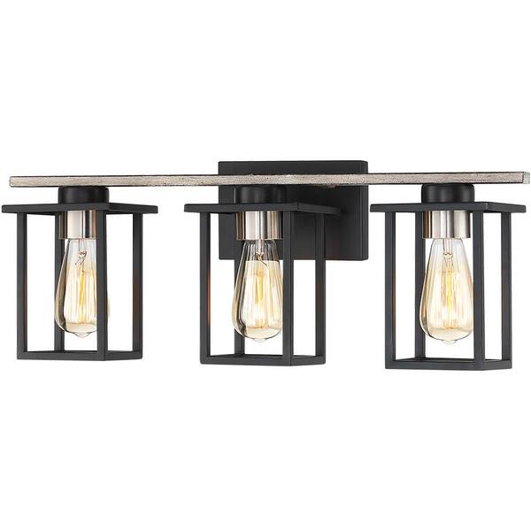 24.4 in. 3-Light Matt Black/Wood Tone Rustic Farmhouse Bathroom Vanity Light with Open Cage Shades