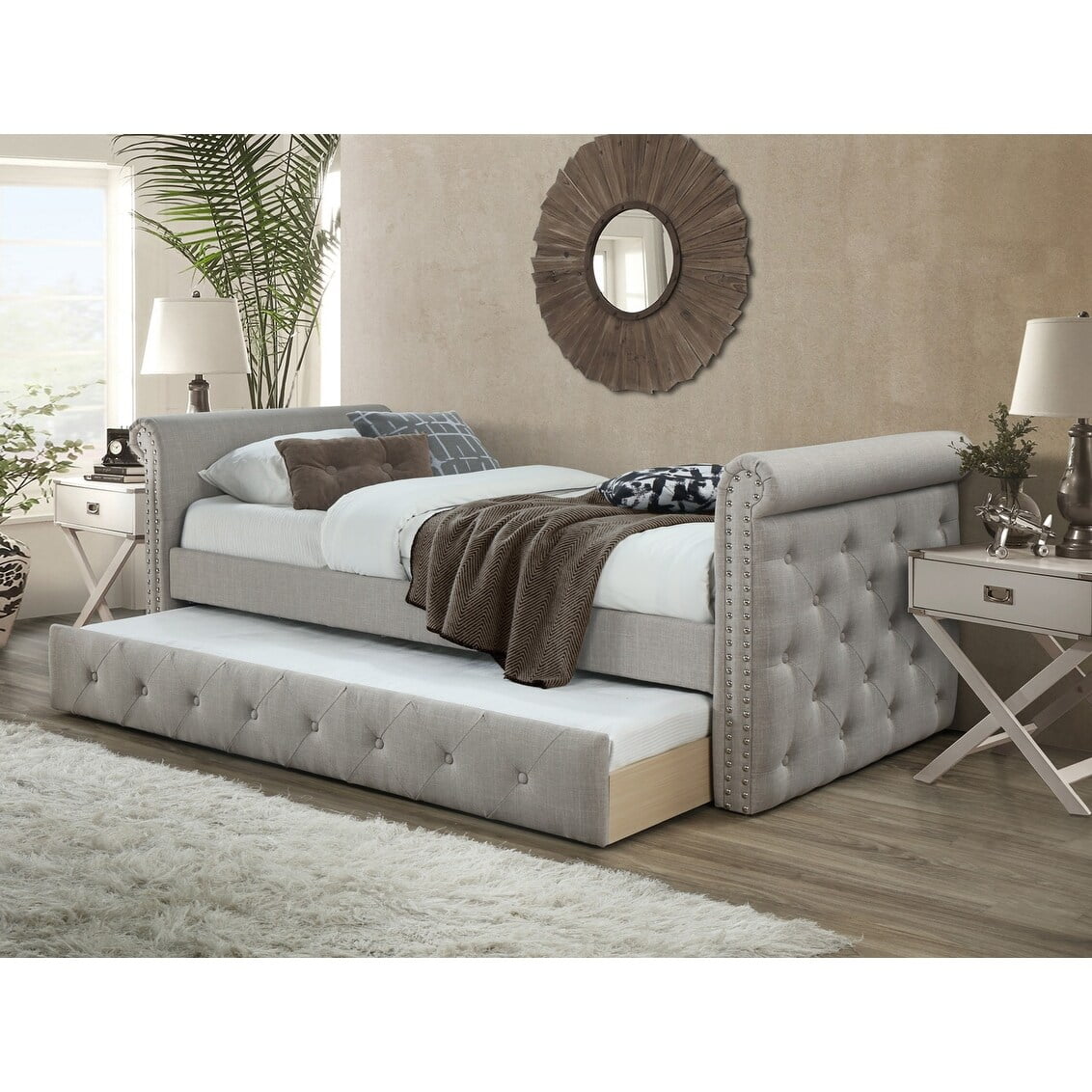 DG Casa Argo Tufted Upholstered Panel Bed Frame with Storage Drawers and Nailhead Trim Headboard, King Size Storage Bed in Platinum Linen Style Fabric