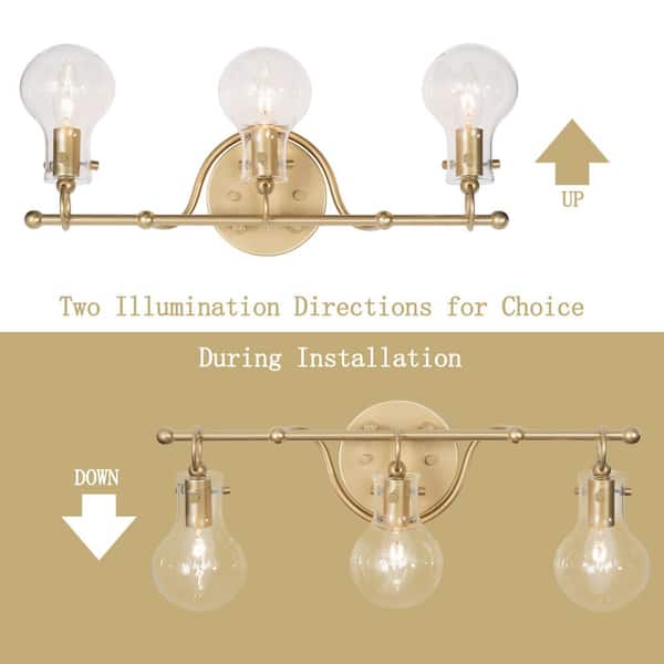 Modern 21 in. 3-Light Brass Gold Bath Vanity Light with Globe Clear Glass Shade Wall Sconce, LED Compatible