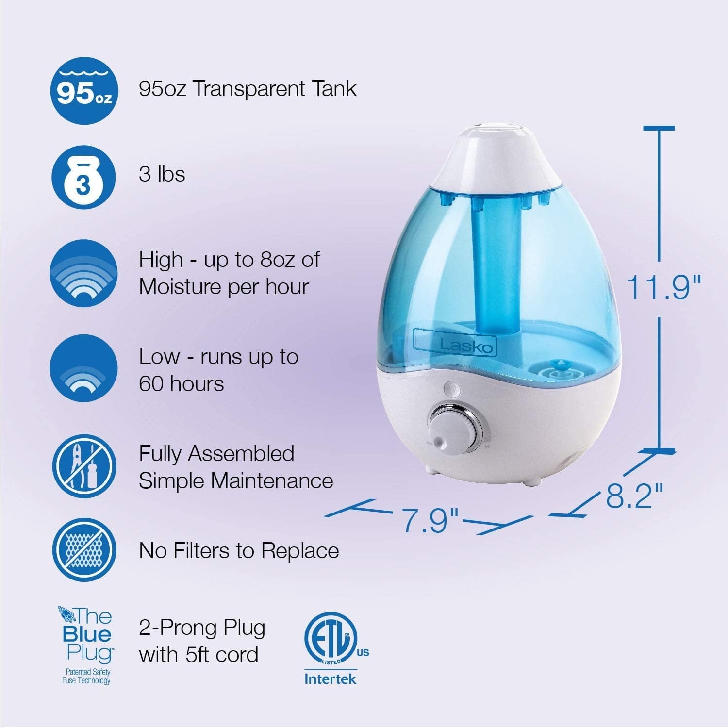 Lasko Ultrasonic Cool Mist Humidifier with Scent Tray and Nightlight, UH200, White and Blue
