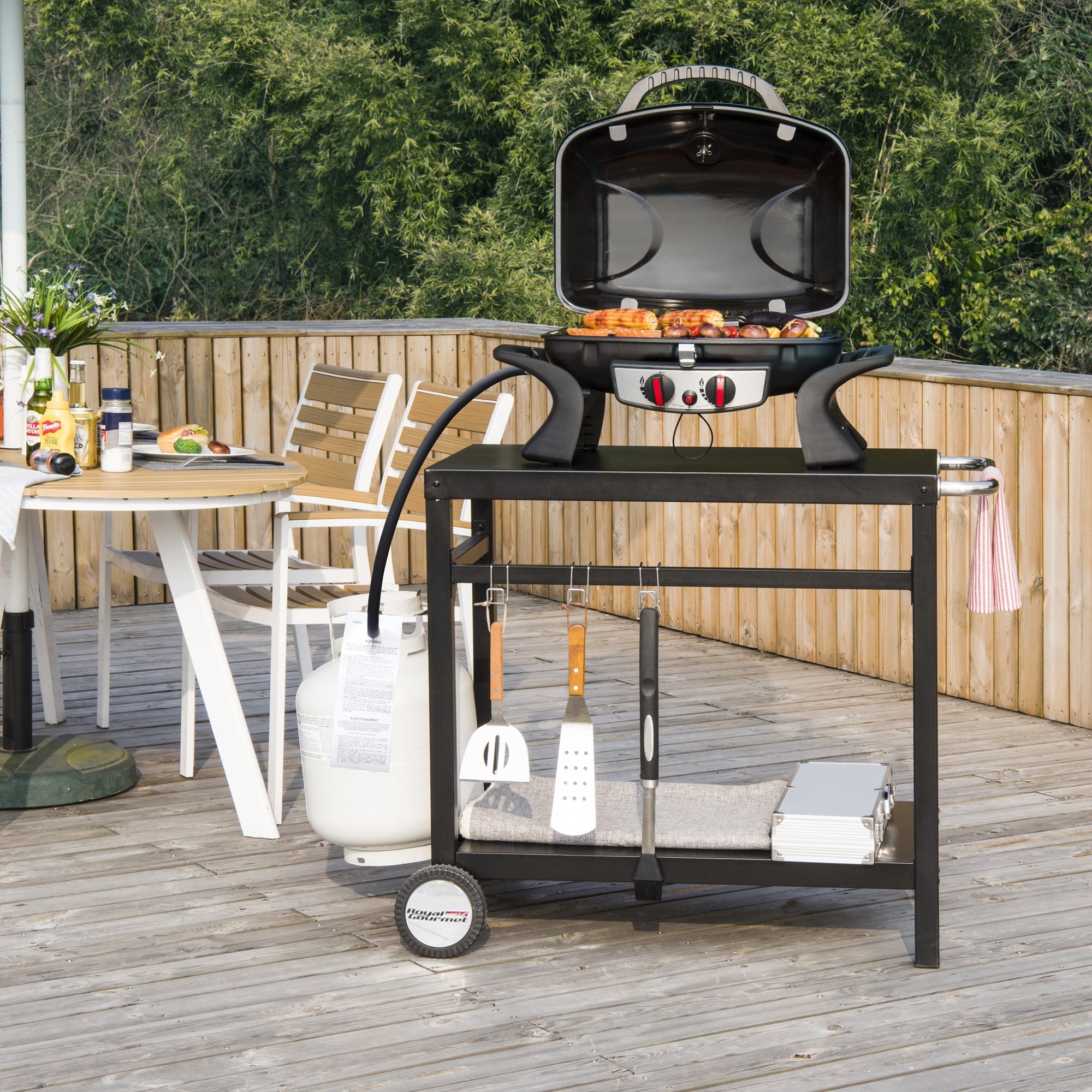 Gourmet PC3401B Double Shelf Movable Dining Cart Work Table, Outdoor Food Preparation Cart