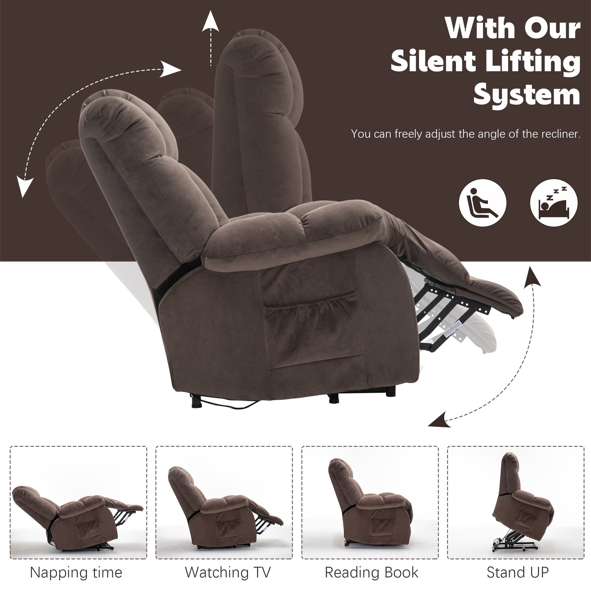 VANBER Lift Chair Recliners, Lazy Boy Power Lift Recliner Chair Big Man Recliner Sofa, Heavy Duty Electric Lift Chair with Remote Control and Side Pocket, Fabric Lift Chair, 300lbs Capacity, Coffee