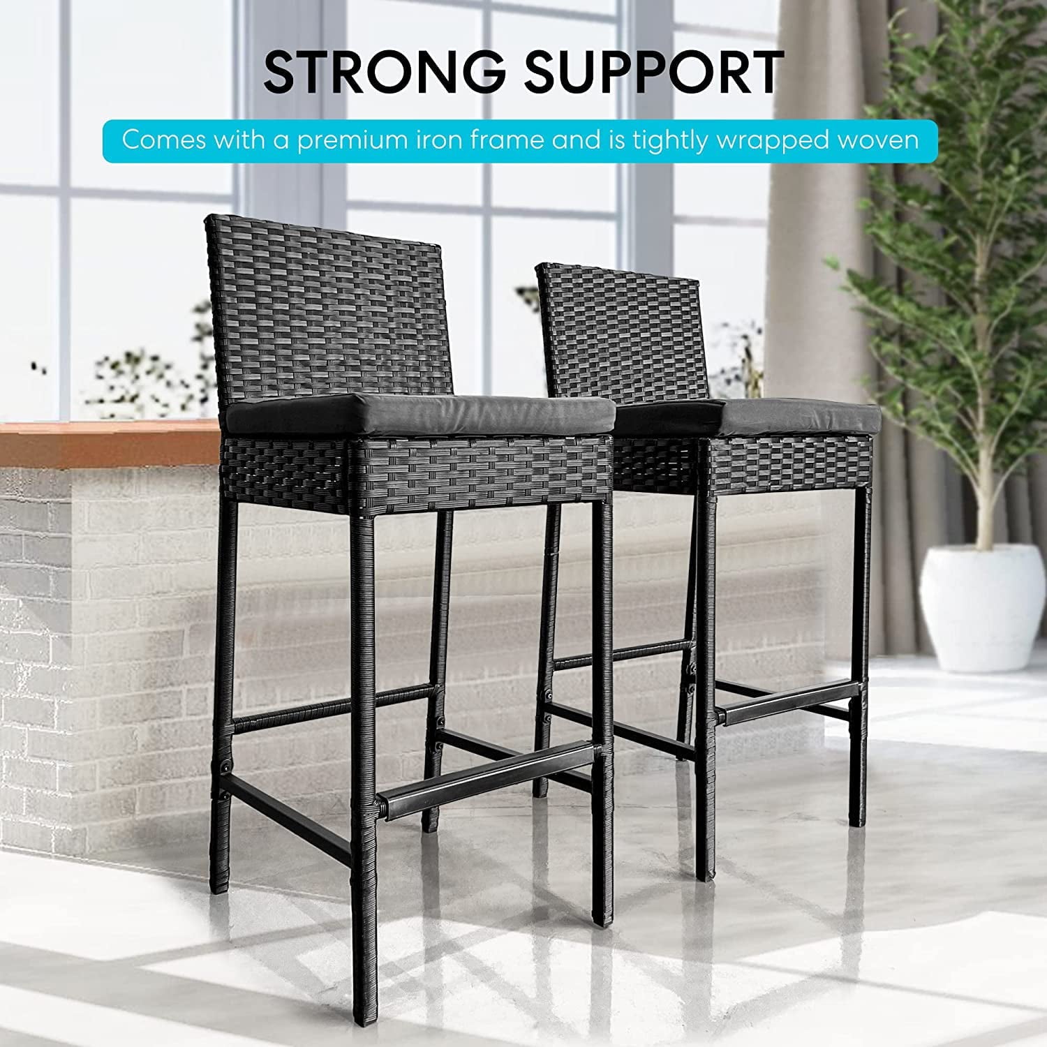 VIVOHOME Outdoor Wicker Bar Stools Set of 2, Patio Rattan Furniture with Cushions, Black