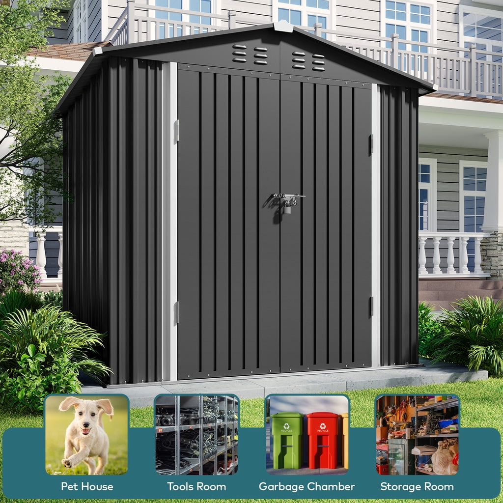 Aiho 6 x 4 FT Outdoor Storage Shed on Clearance with Metal Base  Frame and Double Lockable Doors for Garden, Patio- Grey