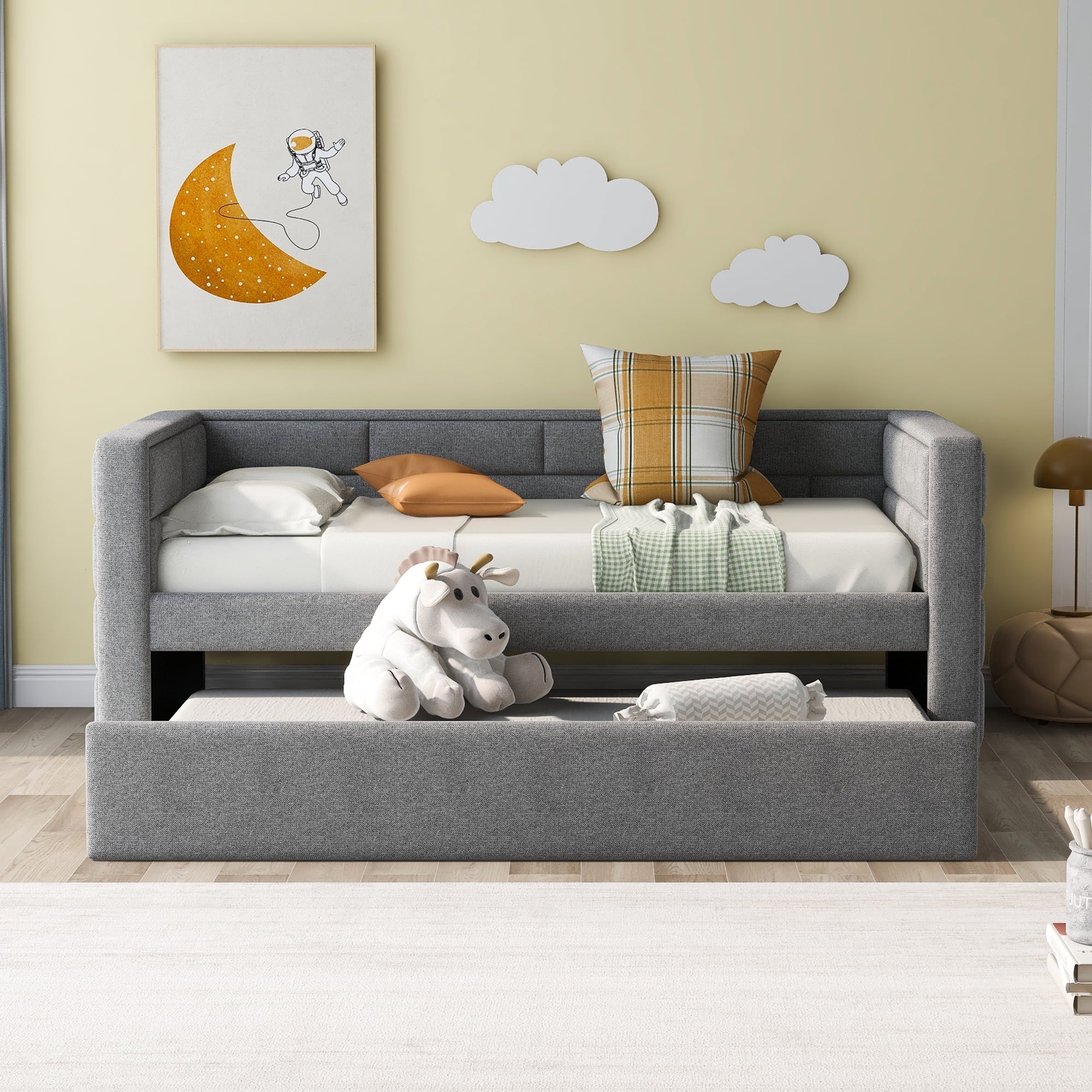 Euroco Twin Size Daybed with Trundle, Upholstered with Padded Back, Gray