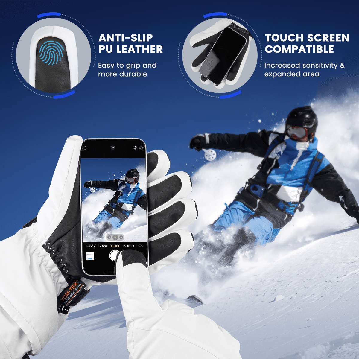 Ski Gloves, Waterproof Touchscreen Snowboard Gloves, Warm Winter Snow Gloves for Cold Weather, Fits Both Men & Women for Driving/Cycling/Running/Hiking(White)