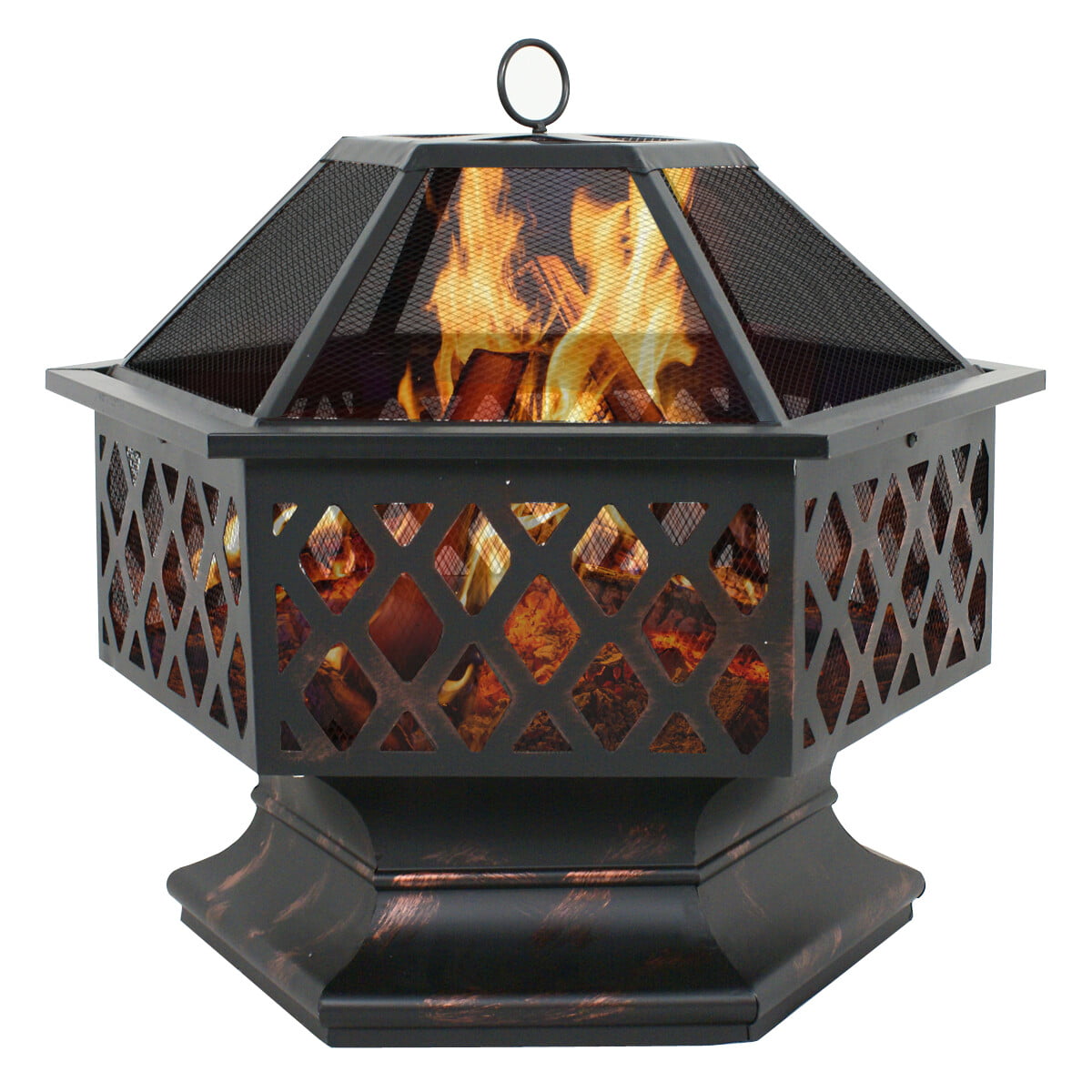 ZenSports 24’’ Outdoor Hex-Shaped Pire Pit - Portable Wood Burning Bonfire W/Mesh Lid, Backyard, Black