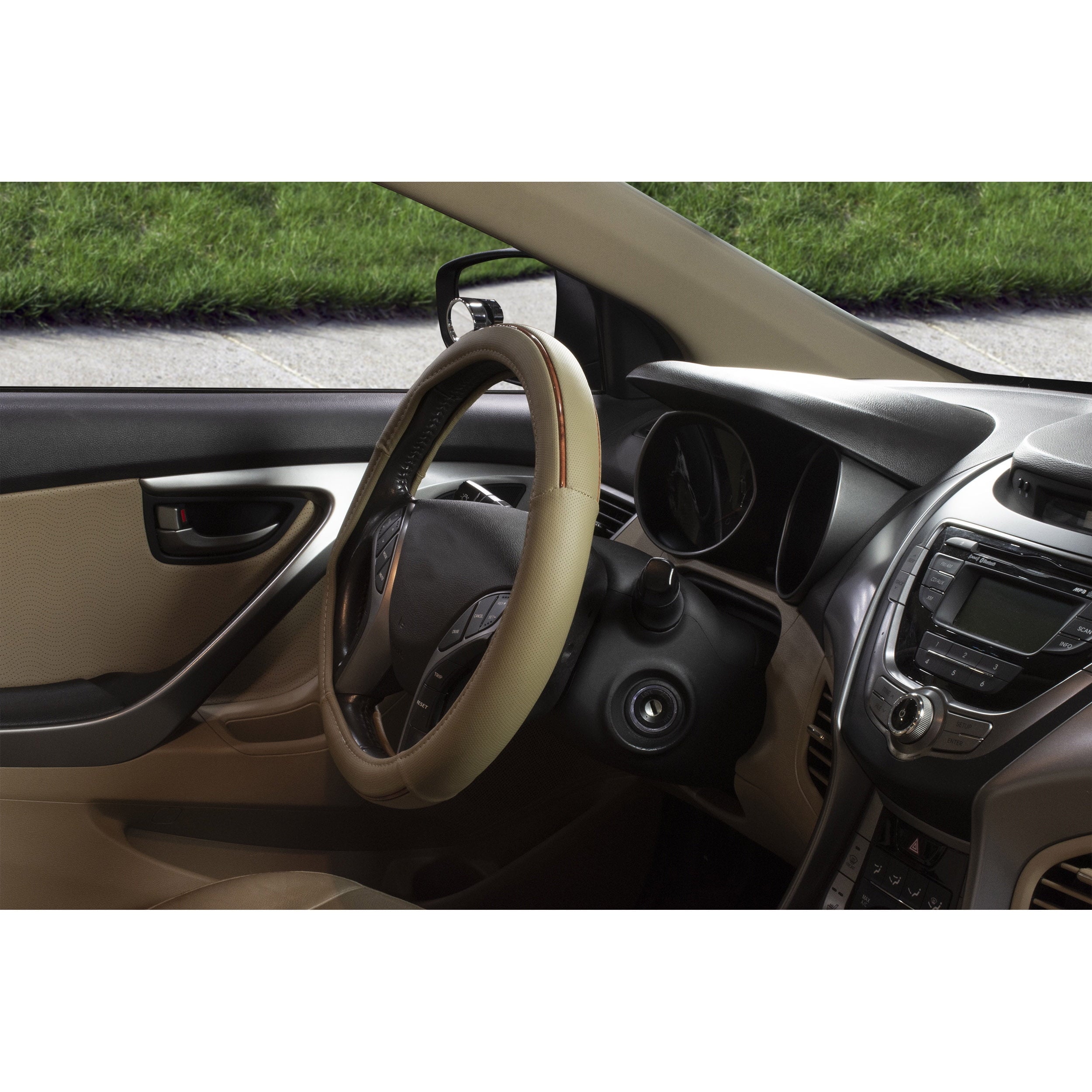Auto Drive Universal Fit Steering Wheel Cover, Tan with Burlwood, 1.29 lbs