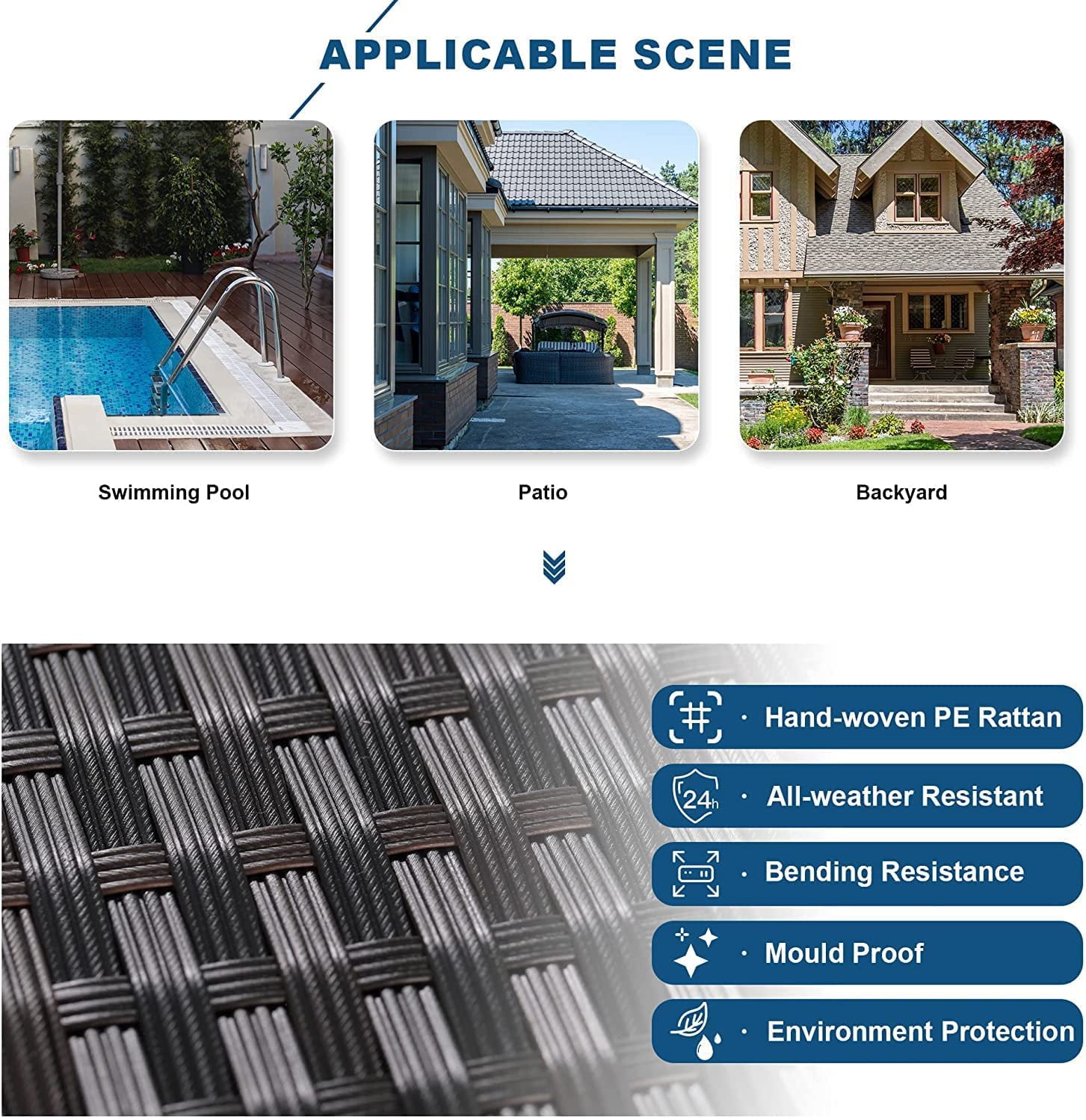 Kullavik Patio Furniture Set PE Rattan Auto-Ignition Propane Fire Pit Windshield Coffee Table Navy Blue