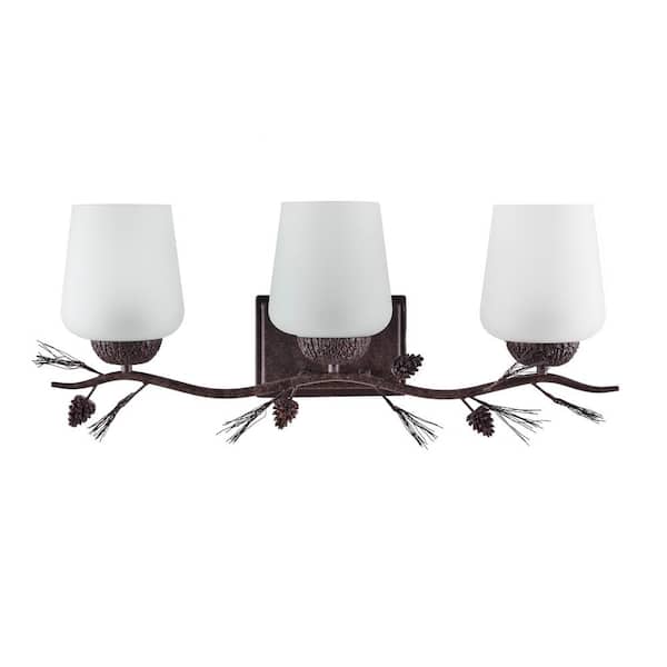 Spruce Lodge 25 in. 3-Light Handmade Pinecone Vanity Light with Frosted Glass Shade