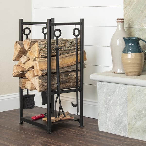 Black Wrought Iron 4-Piece Fireplace Tool Set with Integrated Log Rack