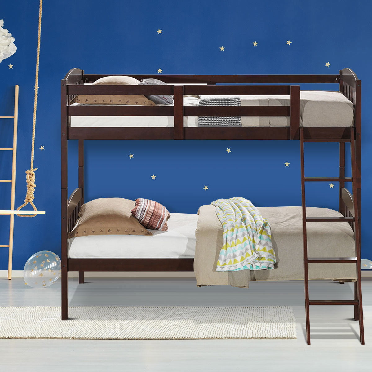 Costway Wood Solid Hardwood Twin Bunk Beds Detachable Safety Rail