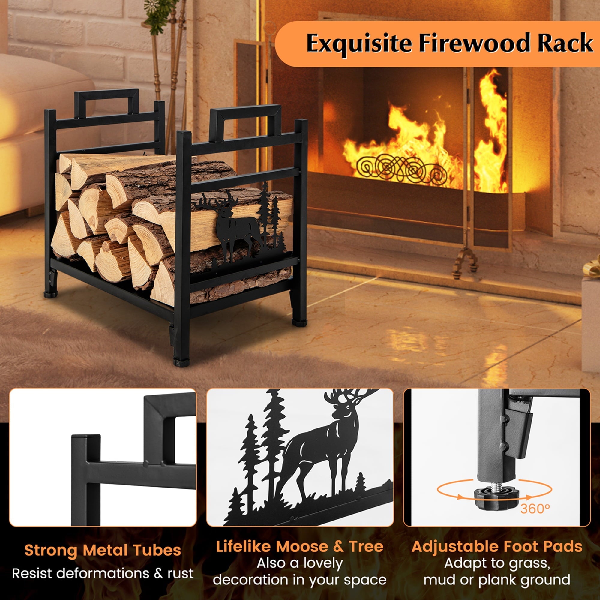 Costway 18.5 Inch Metal Firewood Rack Fireplace Log Holder with Dual Handles Solid Base