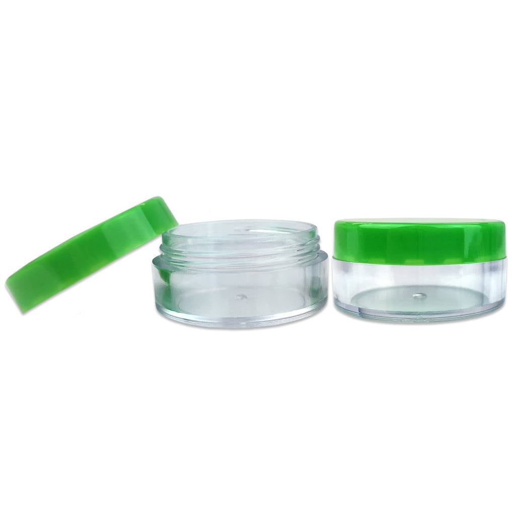 Beauticom 100 Pieces High Quality 10 Gram 10 ml (0.3 oz) Plastic Clear Round Cream Lotion Beauty Sample Jars with Green Lids