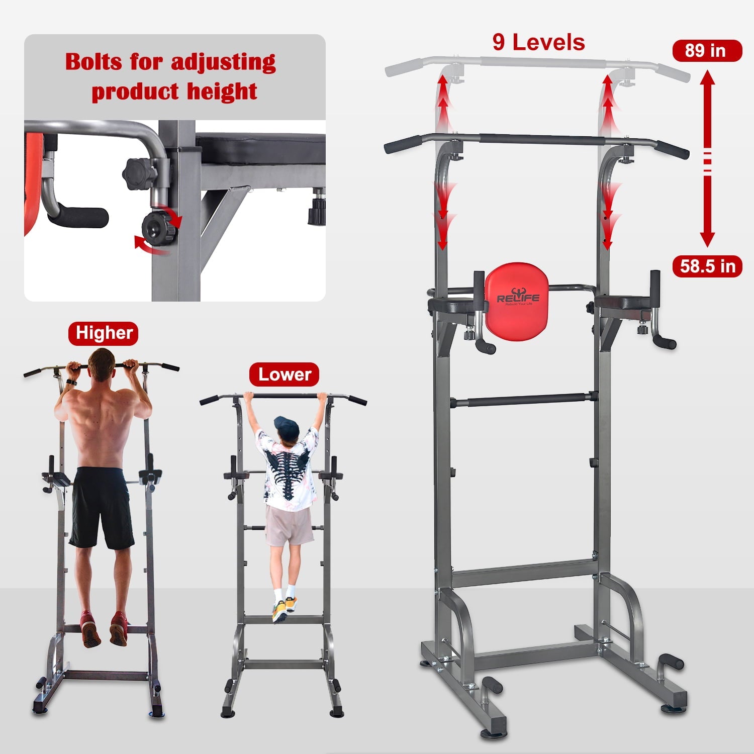 Multifunction Power Tower Dip Station Pull up Bar for Home Gym Strength Training Workout RELIFE REBUILD YOUR LIFE