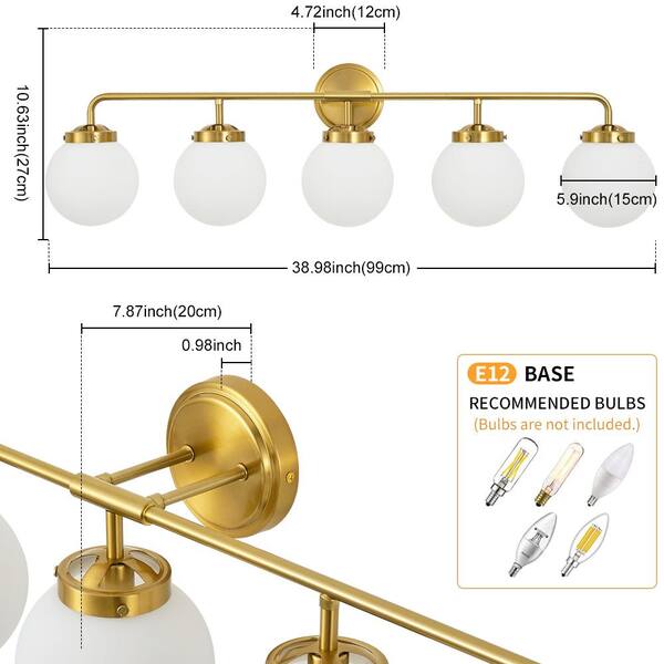 38.98 in. 5-Light Gold Bathroom Vanity Light with Opal Glass Shades, Bulbs not Included