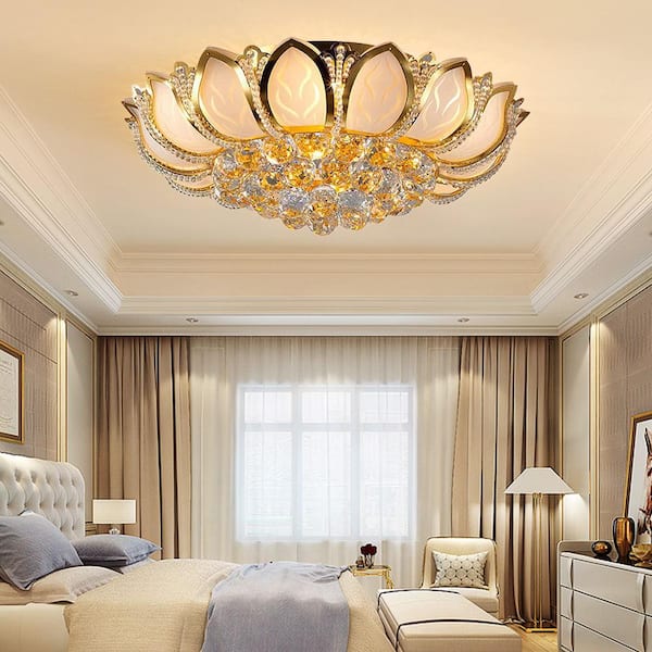 23 in. 7-Light Modern Gold Lotus Flower Shape Flush Mount Ceiling Lamp with Remote Control