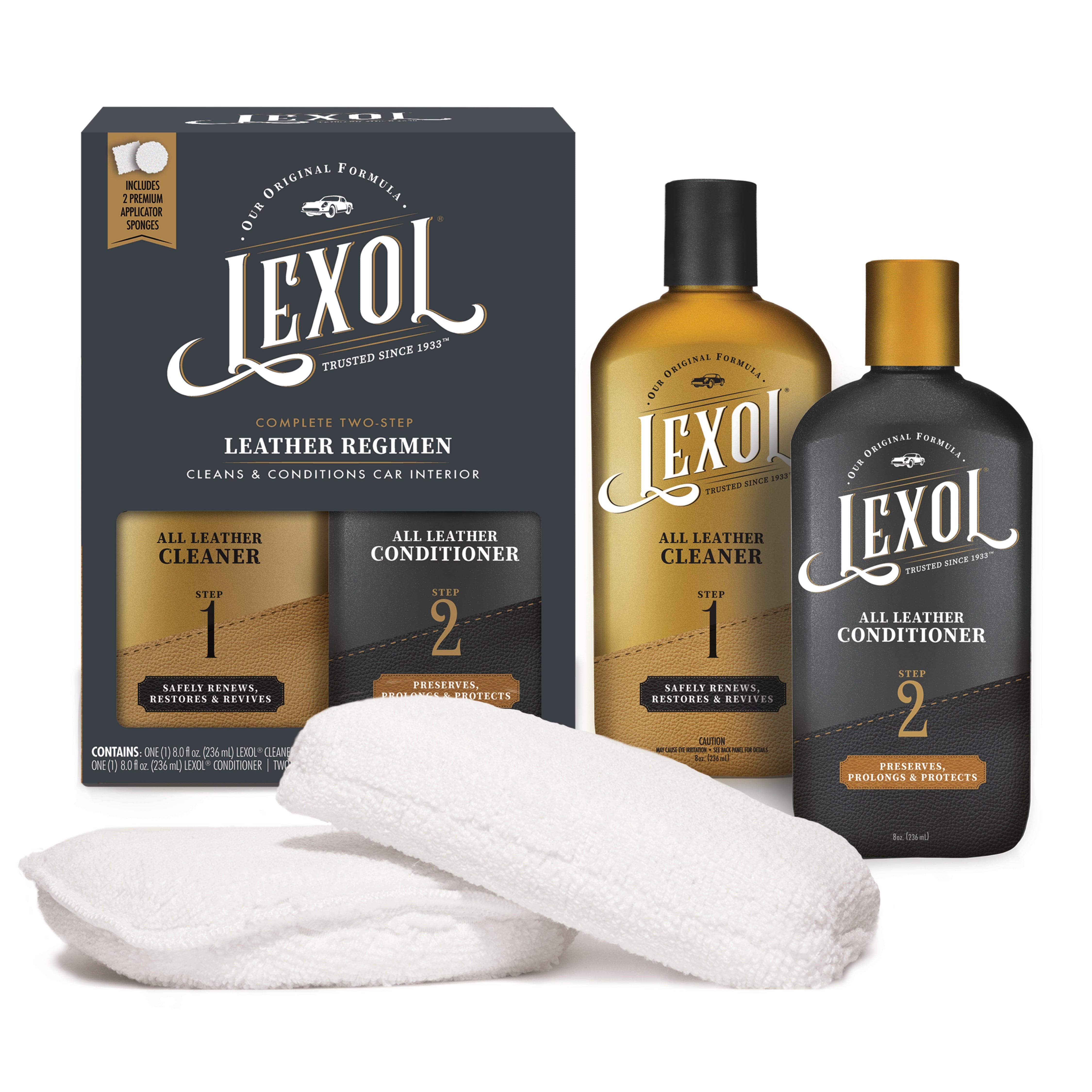 Lexol Complete 2-Step Leather Care Cleaner & Conditioner Kit with Applicator Sponges