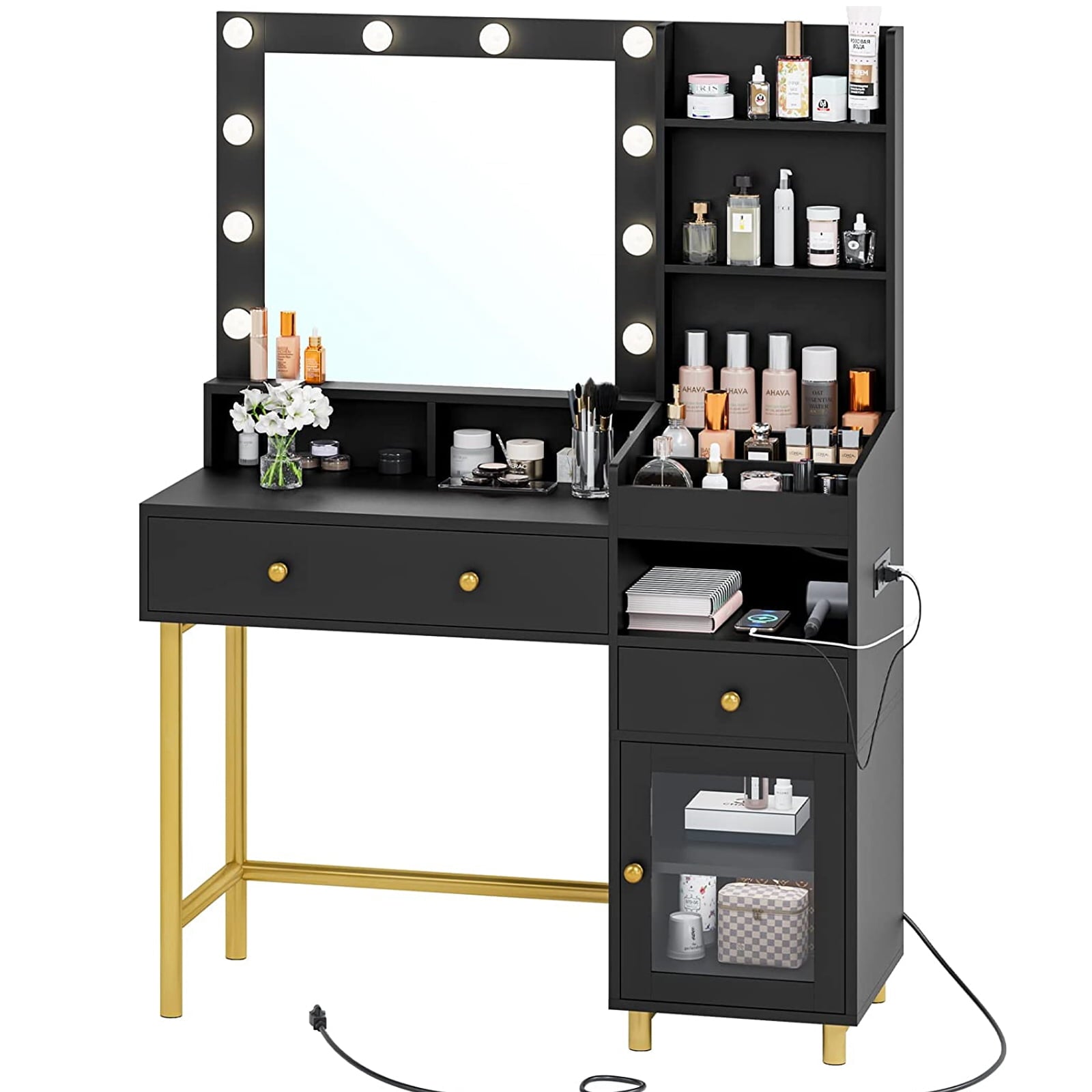 Vanity Desk with Mirror and Lights in 3 Colors,Vanity Makeup Desk with Lights and Drawers,White Vanity Table with Charging Station,Unique Separation Design