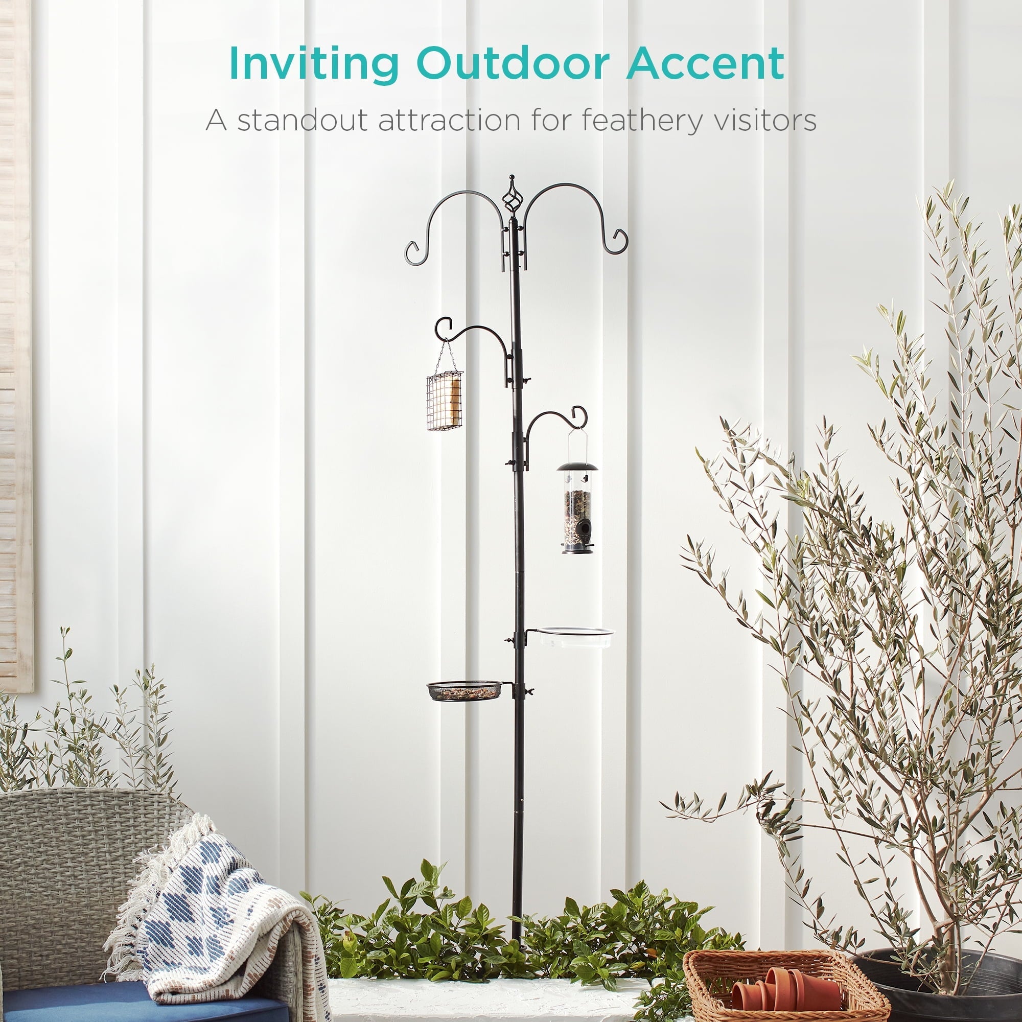 Best Choice Products 91in 4-Hook Bird Feeding Station, Steel Multi-Feeder Stand w/ 2 Feeders, Tray, Bird Bath - Black