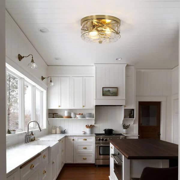 12 in. 2-Light Brass Gold Flush Mount Water Ripple Glass Ceiling Light with Metal Frame