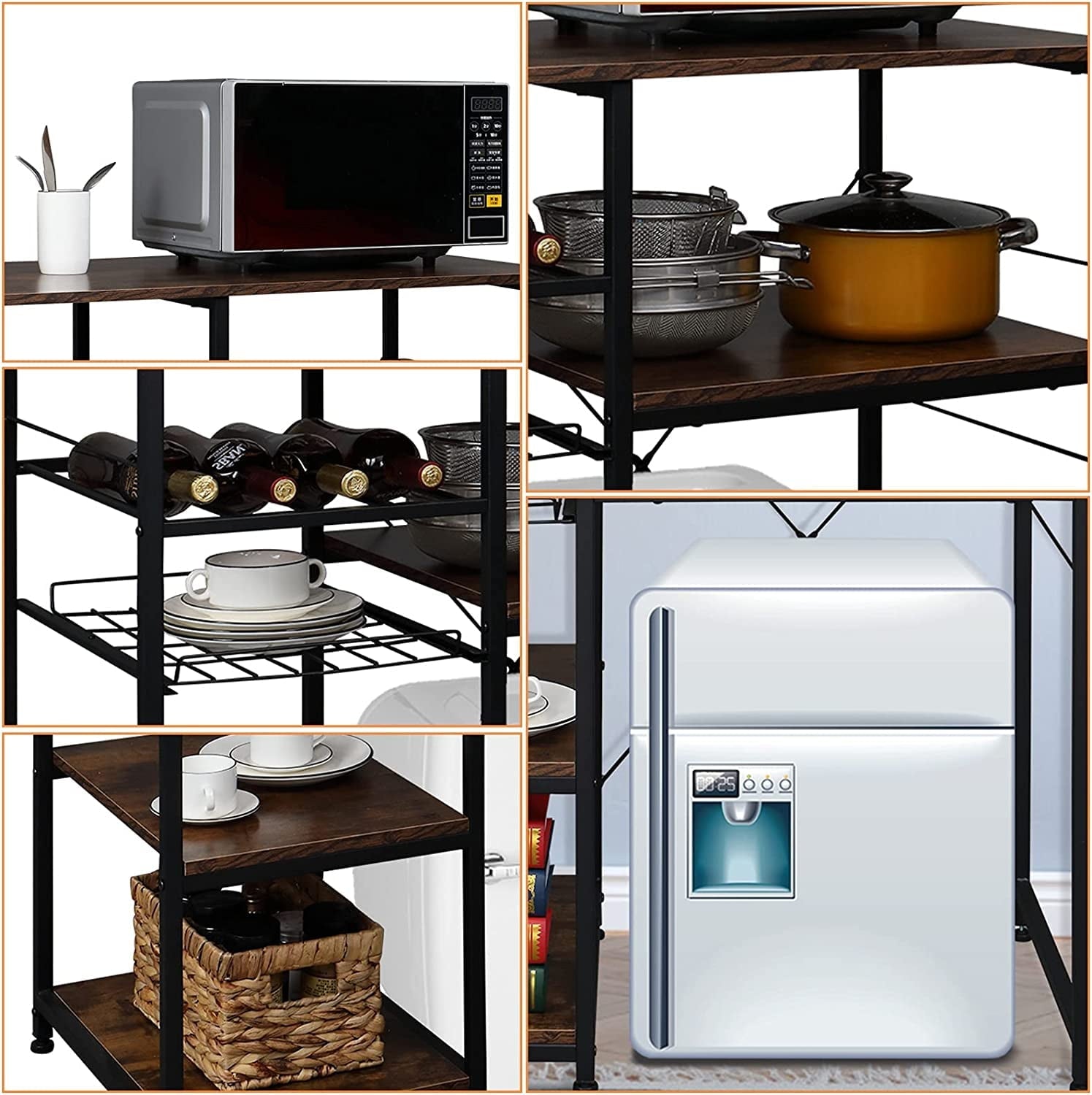 Microwave Stand 4-Tiers Kitchen Storage Fit Mini Fridge Baker¡¯s Rack Shelving Utility Coffee Bar with Big Drawer Wine Rack Metal Frame Industrial Workstation Organizer Kitchen Decor