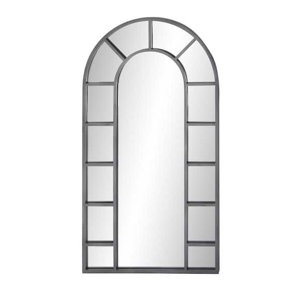 60 in. x 32 in. Window Pane Inspired Arched Framed Black Wall Mirror with Arched Top