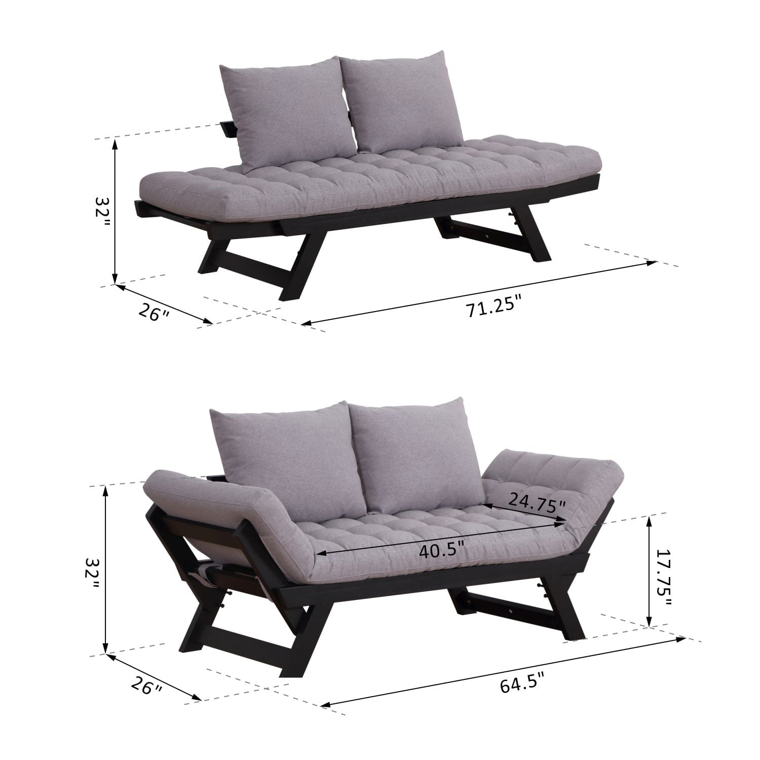 Homcom Single Person 3 Position Convertible Couch Chaise Lounger Sofa Bed, Light Grey