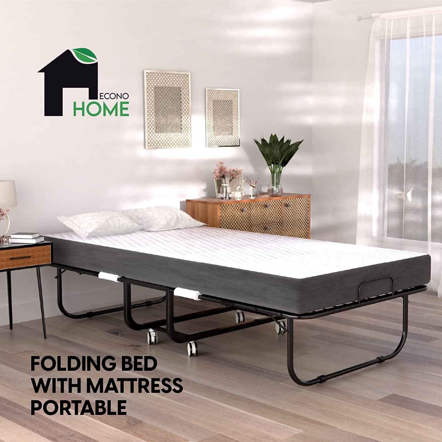 EconoHome Folding Bed with Mattress - 75x31 Cot Size Bed Frame - Portable Foldable Roll Away Adult Bed for Guest - 5-inch Thick Memory Foam Cot Mattress - Space Saving Fold Up Bed for Easy Storage