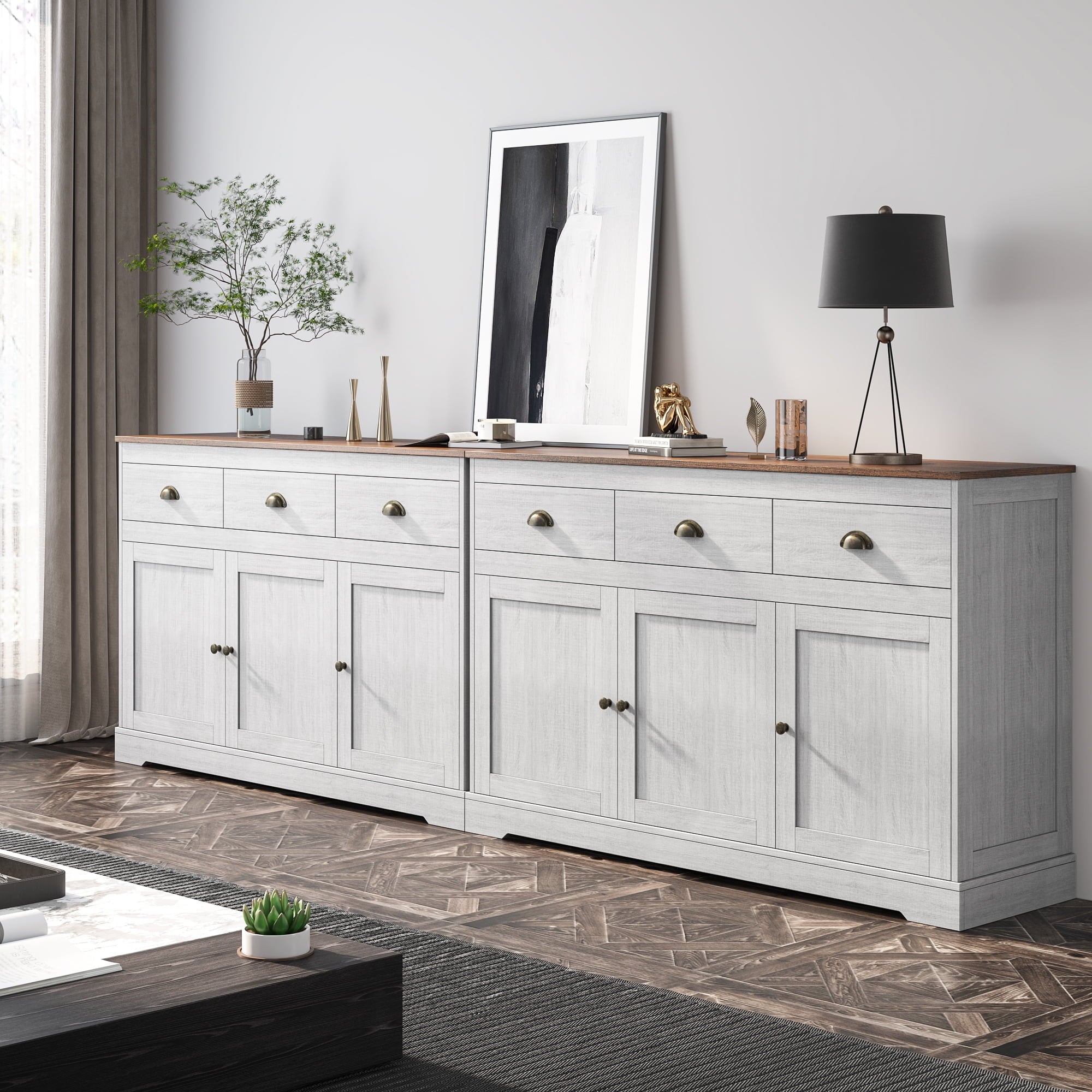 Homfa Sideboard Storage Cabinet with 3 Drawers & 3 Doors, 47.2'' Wide Buffet Cabinet for Dining Room, Antique White
